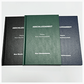 Abschlussarbeiten im Hardcover Leinenstruktur Ansicht der Bindemappen Leinenstruktur in Schwarz, Grün und Blau mit Zeilenbeschriftung in Silber