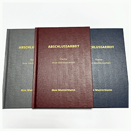 Abschlussarbeiten im Hardcover Leinenstruktur Ansicht der Bindemappen Leinenstruktur in Grau, Bordeauxrot und Blau mit Zeilenbeschriftung in Gold